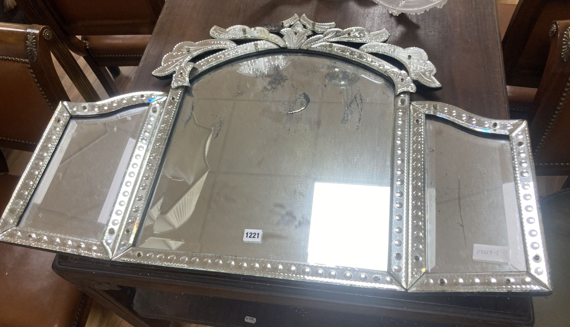 A Venetian glass triple dressing table mirror, width 88cm, height 63cm